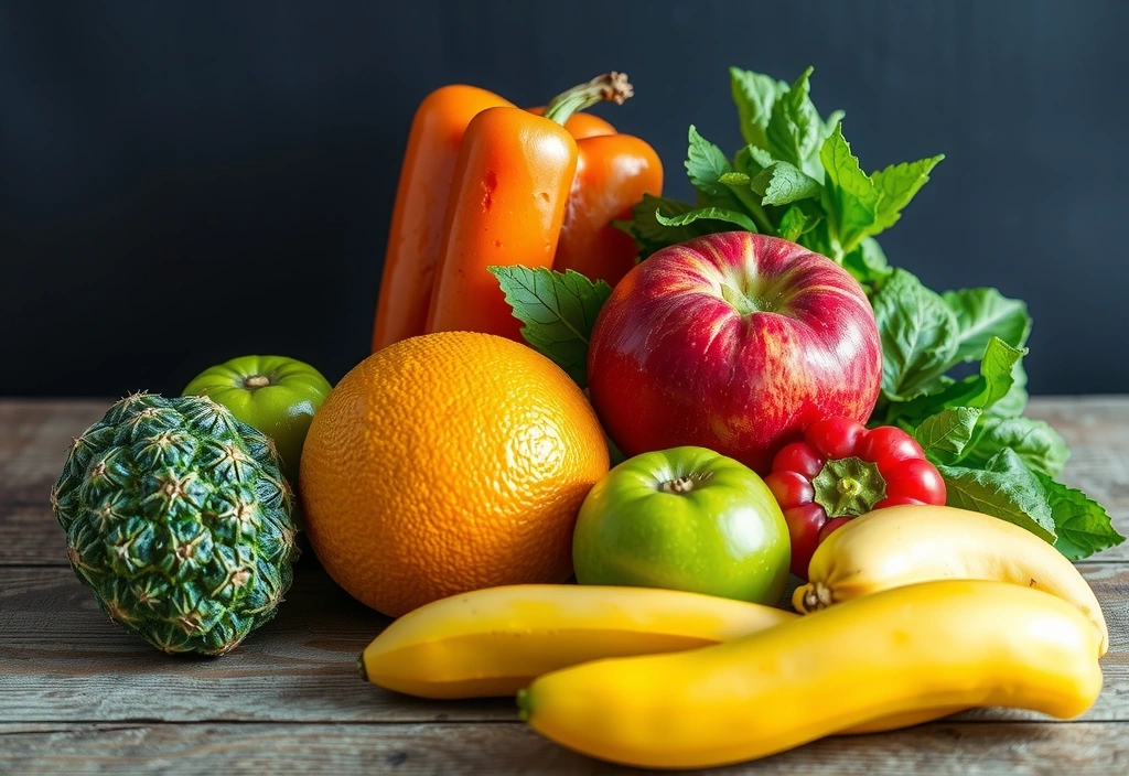 Fructe proaspete și legume colorate pe o masă de lemn