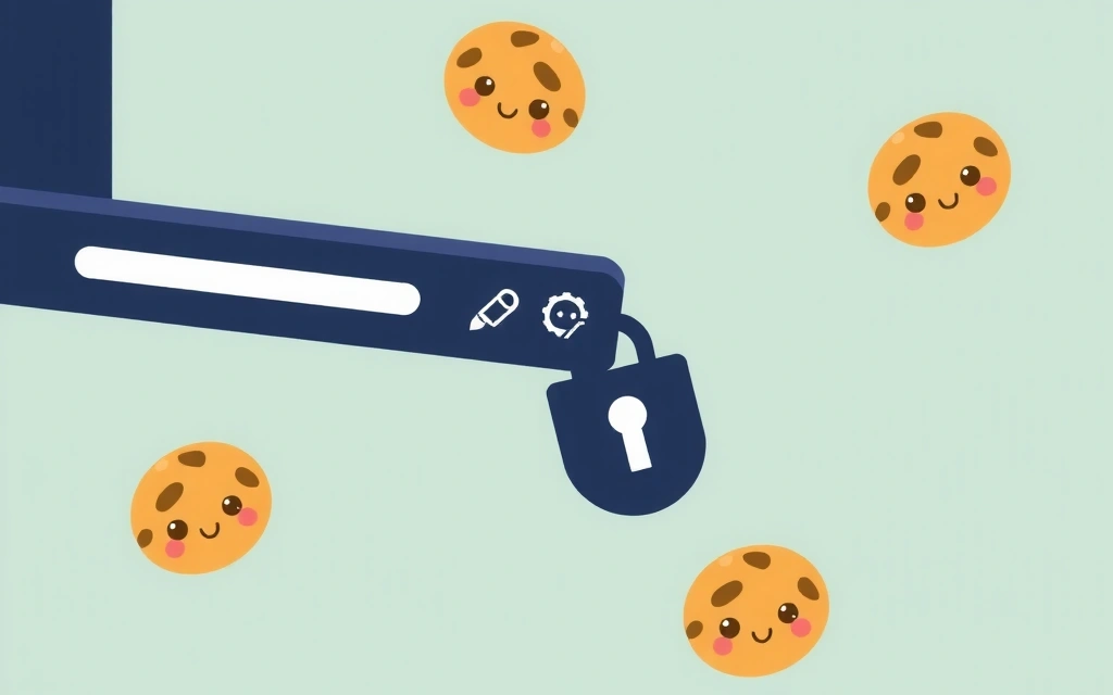 Ilustrație cu un browser web și iconițe de cookie-uri