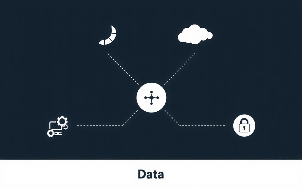 Diagramă abstractă care ilustrează fluxul de date și utilizările acestora, cu noduri interconectate reprezentând servicii și analize.