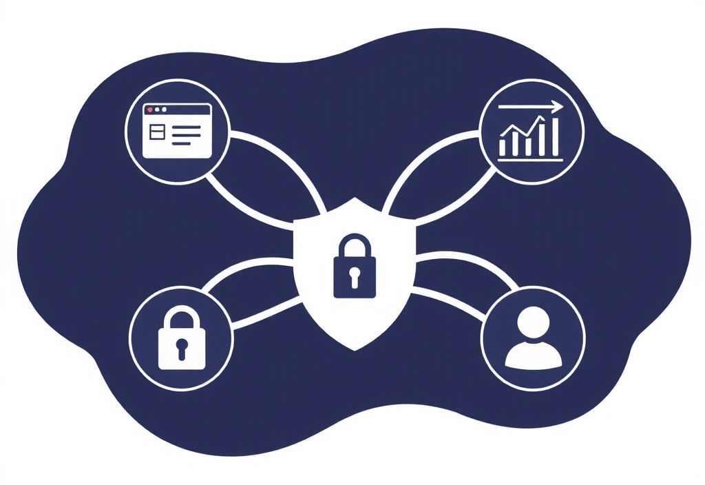 Ilustrație a unor date care curg printr-un sistem securizat, cu pictograme pentru confidențialitate, securitate și utilizator.
