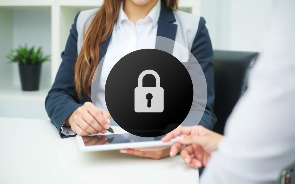 O persoană citește un document digital cu un lacăt simbolic pe ecran, reprezentând securitatea datelor.