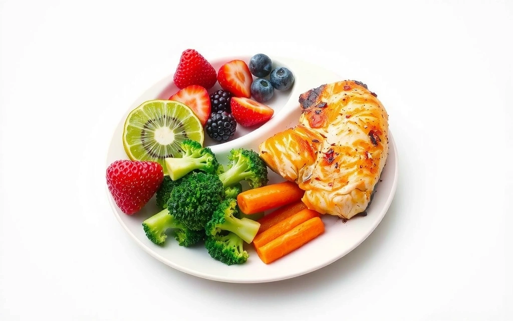 Balanced plate with colorful fruits, vegetables, and lean protein