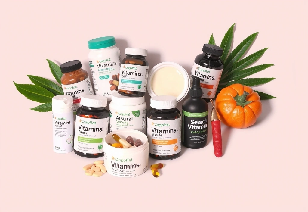 Diverse natural vitamins and supplements arranged aesthetically