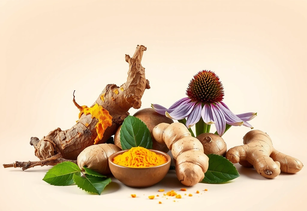 Diverse extracte din plante: turmeric, ginseng, echinaceea, ghimbir
