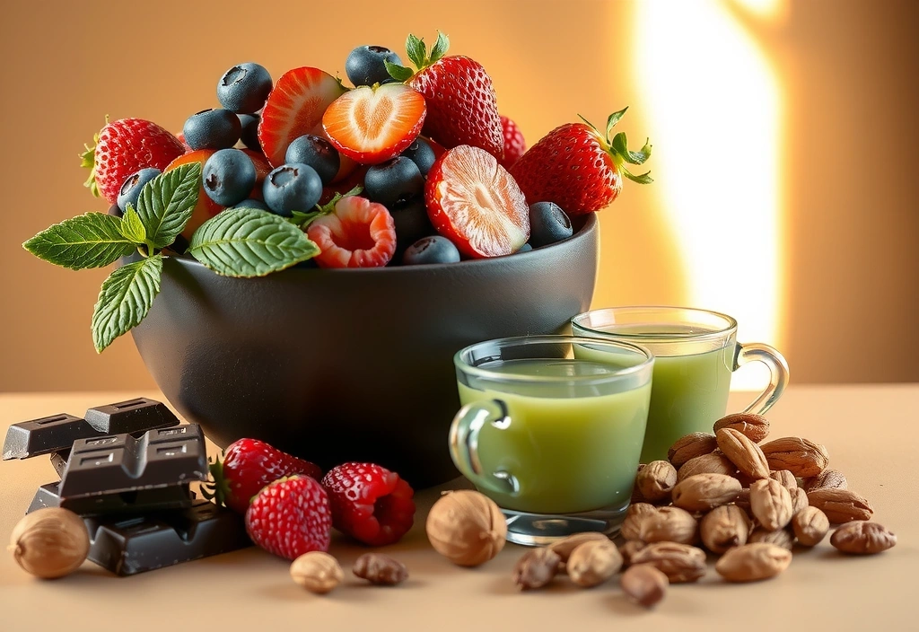 Fructe de pădure, ciocolată neagră, ceai verde, nuci - bogate în antioxidanți